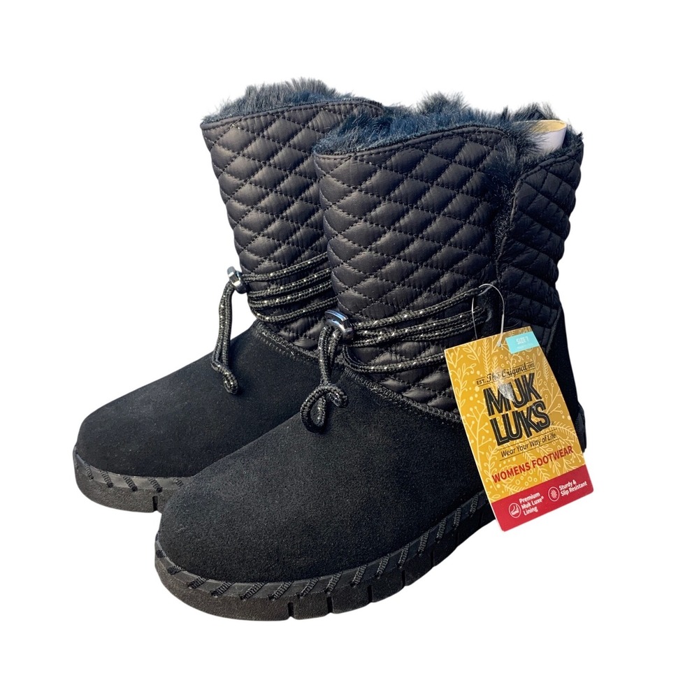 Muk Luks Flexi Bridgehampton Black Quilted Suede Fur Lined Winter Boots Size 7